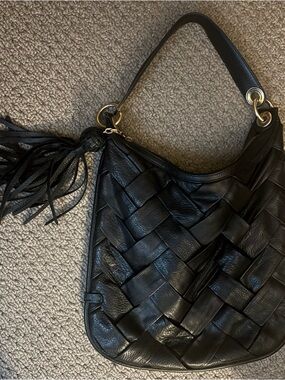 Cole Haan Black Woven Leather Hobo Bag with Tassel